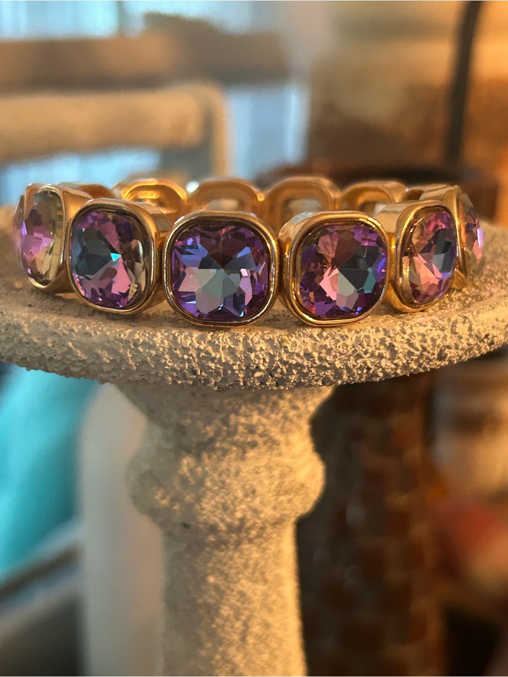 Gold-Tone Bracelet with Purple Crystal Accents Stretch. NWOT